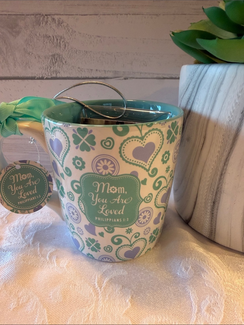 Mom You Are Loved Ceramic Coffee Mug in Mint & Lavender - Inspirational Gift
